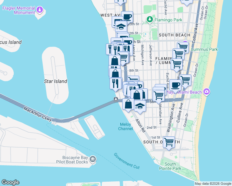 map of restaurants, bars, coffee shops, grocery stores, and more near 520 West Avenue in Miami Beach