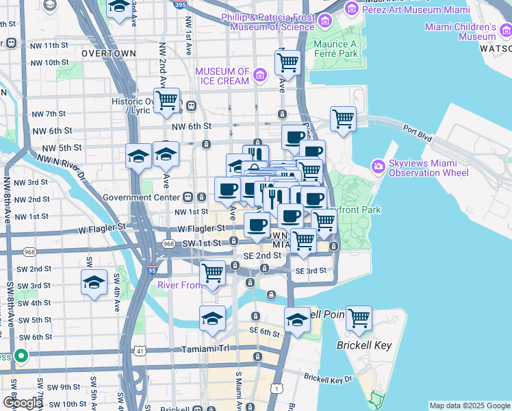 map of restaurants, bars, coffee shops, grocery stores, and more near 118 Northeast 2nd Street in Miami