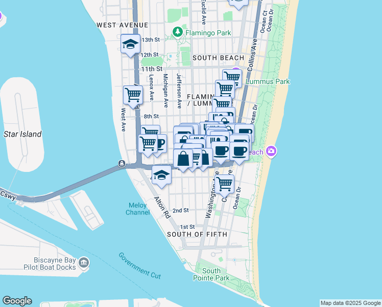 map of restaurants, bars, coffee shops, grocery stores, and more near 741 6th Street in Miami Beach
