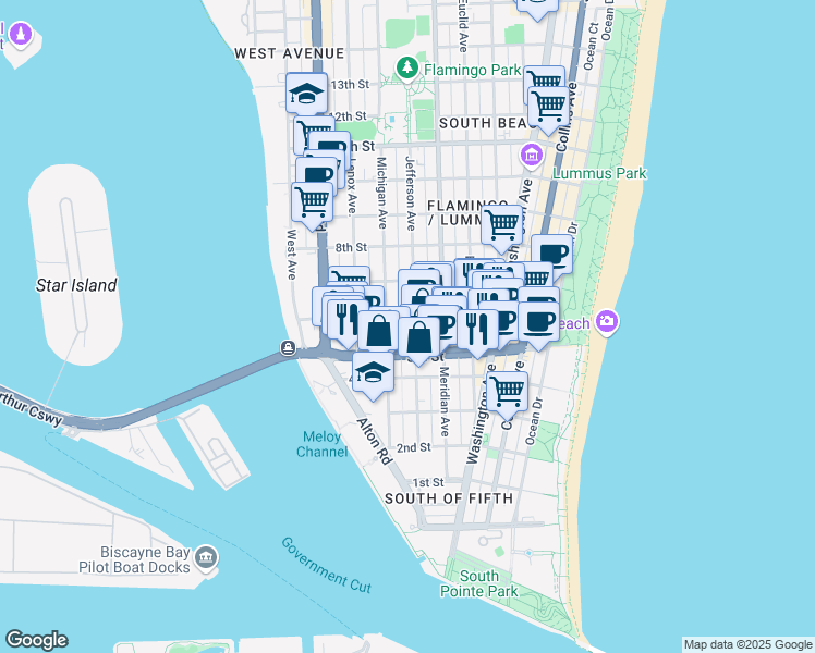 map of restaurants, bars, coffee shops, grocery stores, and more near 610 Jefferson Avenue in Miami Beach
