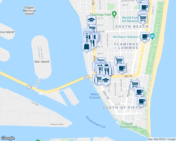 map of restaurants, bars, coffee shops, grocery stores, and more near 520 West Avenue in Miami Beach