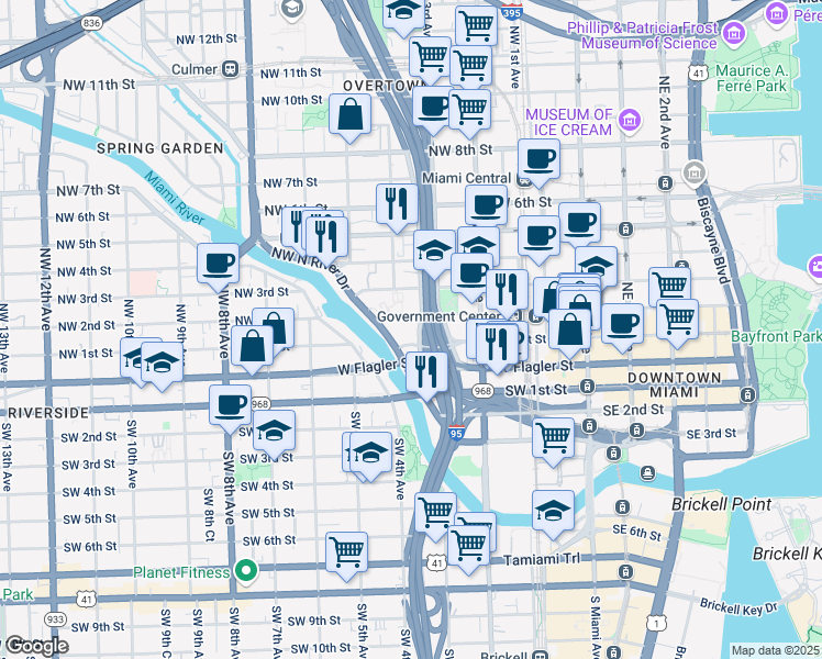 map of restaurants, bars, coffee shops, grocery stores, and more near 350 Northwest 2nd Street in Miami