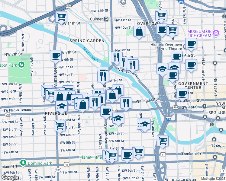 map of restaurants, bars, coffee shops, grocery stores, and more near 212 Northwest 7th Avenue in Miami