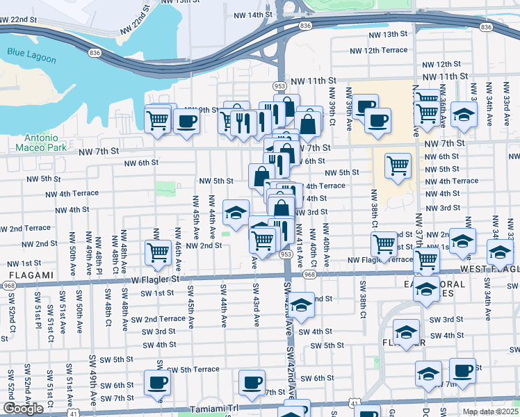 map of restaurants, bars, coffee shops, grocery stores, and more near 4230 Northwest 4th Street in Miami