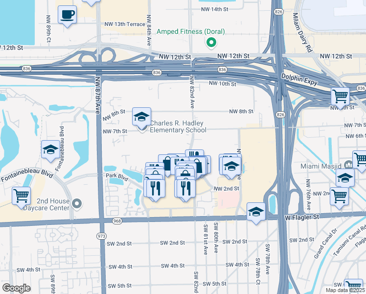 map of restaurants, bars, coffee shops, grocery stores, and more near 8251 Northwest 5th Lane in Miami