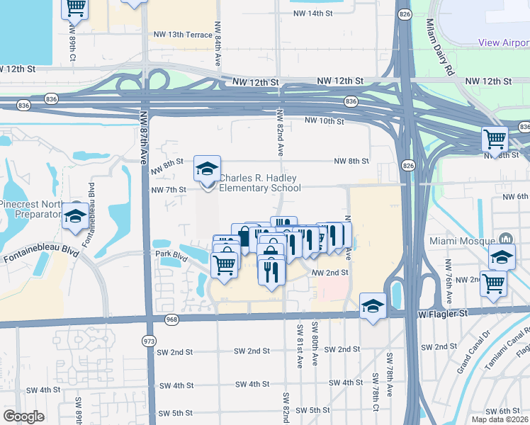 map of restaurants, bars, coffee shops, grocery stores, and more near 8251 Northwest 5th Lane in Miami