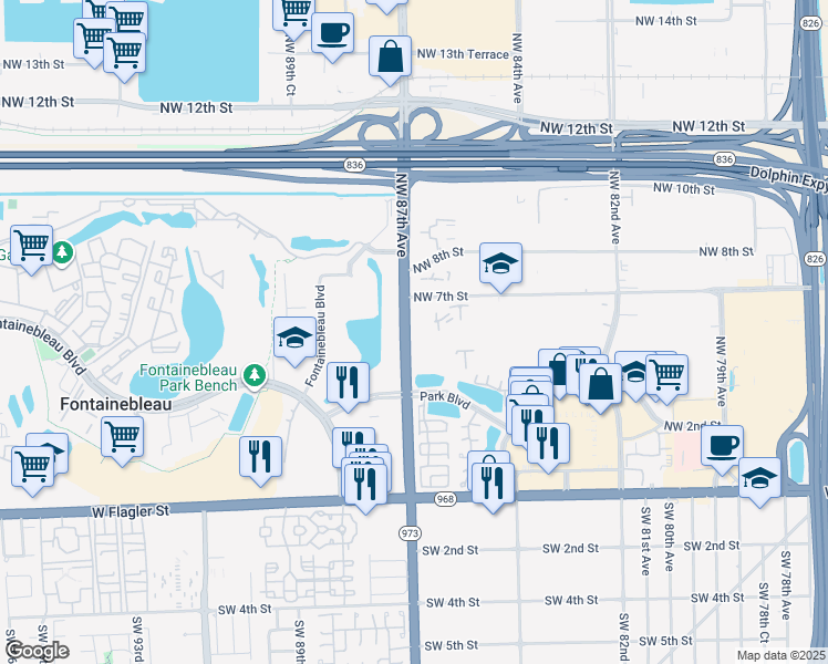 map of restaurants, bars, coffee shops, grocery stores, and more near 506c Northwest 87th Avenue in Miami