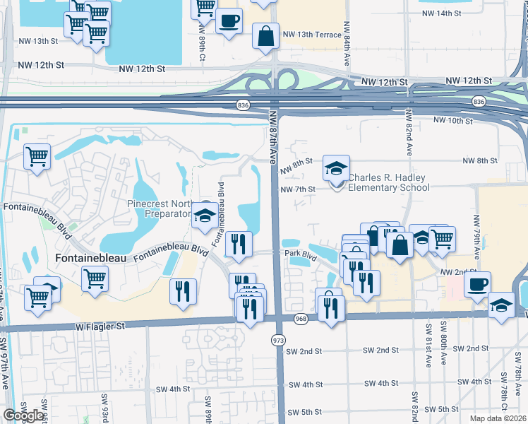 map of restaurants, bars, coffee shops, grocery stores, and more near 506c Northwest 87th Avenue in Miami