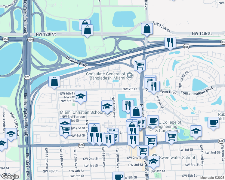 map of restaurants, bars, coffee shops, grocery stores, and more near 10803 Northwest 7th Street in Miami