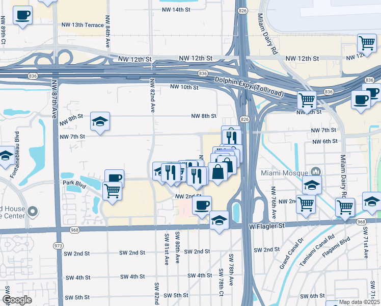 map of restaurants, bars, coffee shops, grocery stores, and more near 600 Northwest 79th Avenue in Miami