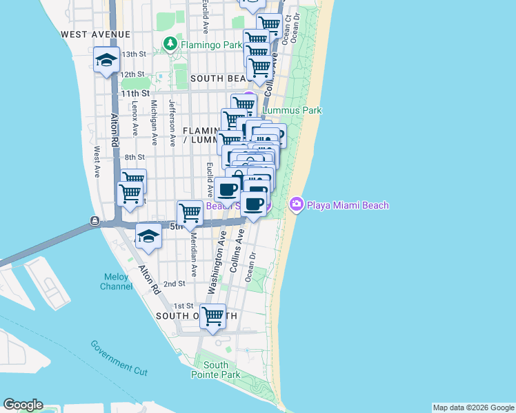 map of restaurants, bars, coffee shops, grocery stores, and more near 620 Ocean Drive in Miami Beach