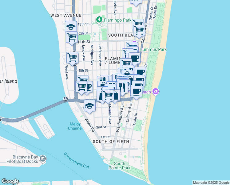 map of restaurants, bars, coffee shops, grocery stores, and more near 741 6th Street in Miami Beach