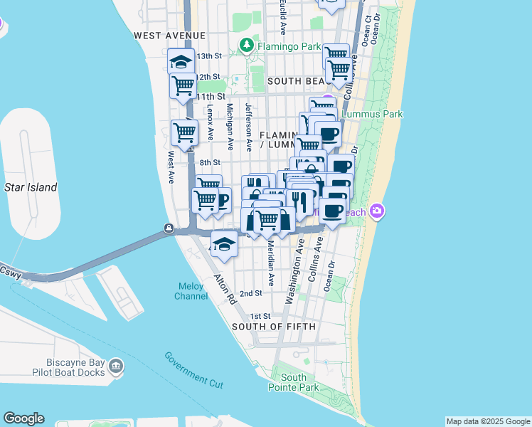 map of restaurants, bars, coffee shops, grocery stores, and more near 741 6th Street in Miami Beach