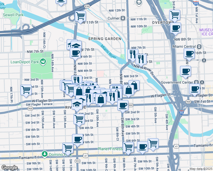 map of restaurants, bars, coffee shops, grocery stores, and more near 221 Northwest 9th Avenue in Miami