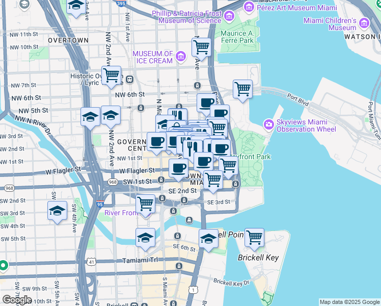map of restaurants, bars, coffee shops, grocery stores, and more near 118 Northeast 2nd Street in Miami