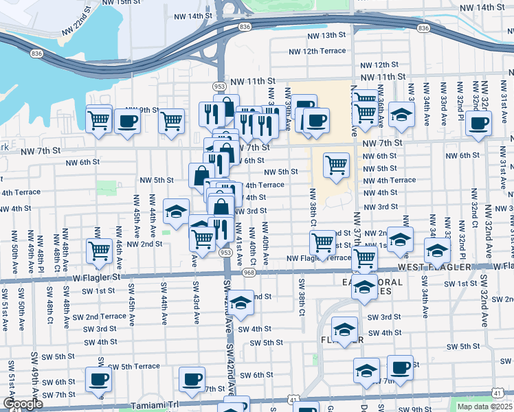 map of restaurants, bars, coffee shops, grocery stores, and more near 401 Northwest 40th Court in Miami