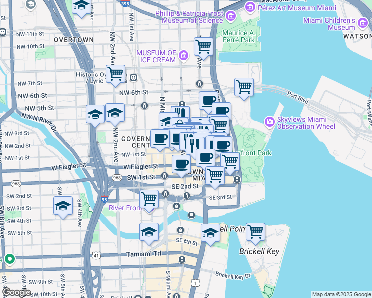 map of restaurants, bars, coffee shops, grocery stores, and more near 118 Northeast 2nd Street in Miami