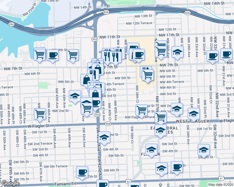 map of restaurants, bars, coffee shops, grocery stores, and more near 3935 Northwest 4th Street in Miami