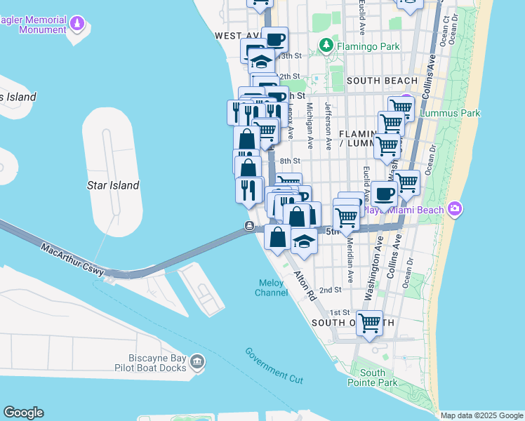 map of restaurants, bars, coffee shops, grocery stores, and more near 520 West Avenue in Miami Beach
