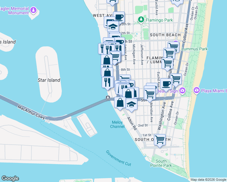 map of restaurants, bars, coffee shops, grocery stores, and more near 520 West Avenue in Miami Beach