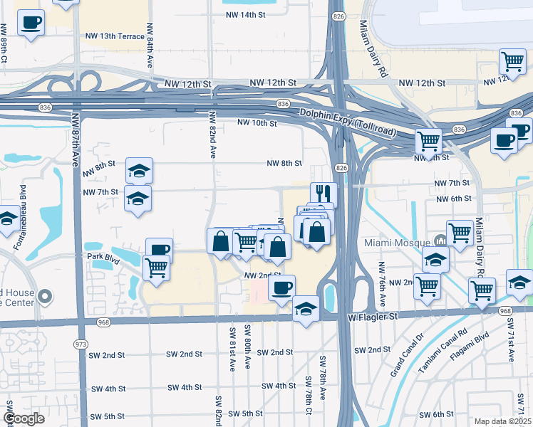 map of restaurants, bars, coffee shops, grocery stores, and more near 600 Northwest 79th Avenue in Miami