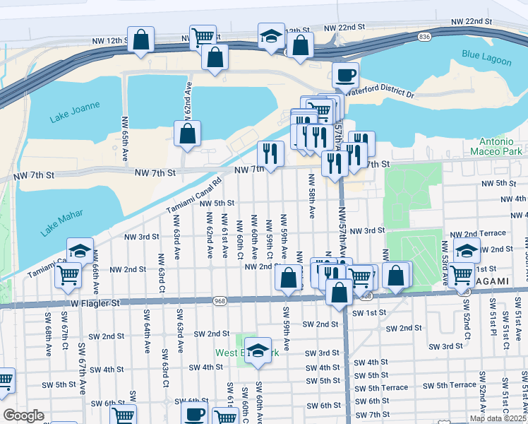 map of restaurants, bars, coffee shops, grocery stores, and more near 5970 Northwest 5th Street in Miami