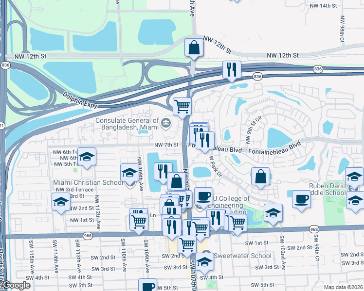 map of restaurants, bars, coffee shops, grocery stores, and more near 321 Northwest 109th Avenue in Miami