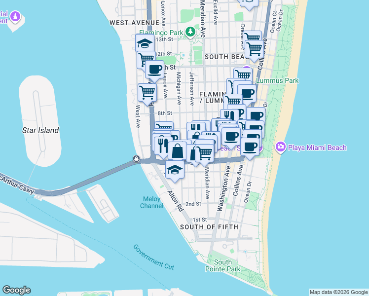 map of restaurants, bars, coffee shops, grocery stores, and more near 551 North Michigan Avenue in Miami Beach