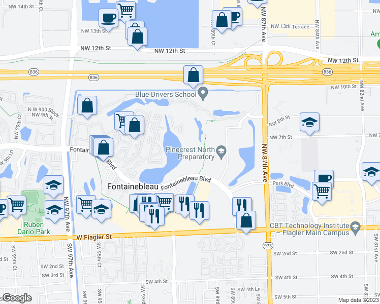 map of restaurants, bars, coffee shops, grocery stores, and more near 9171 Fontainebleau Boulevard in Miami