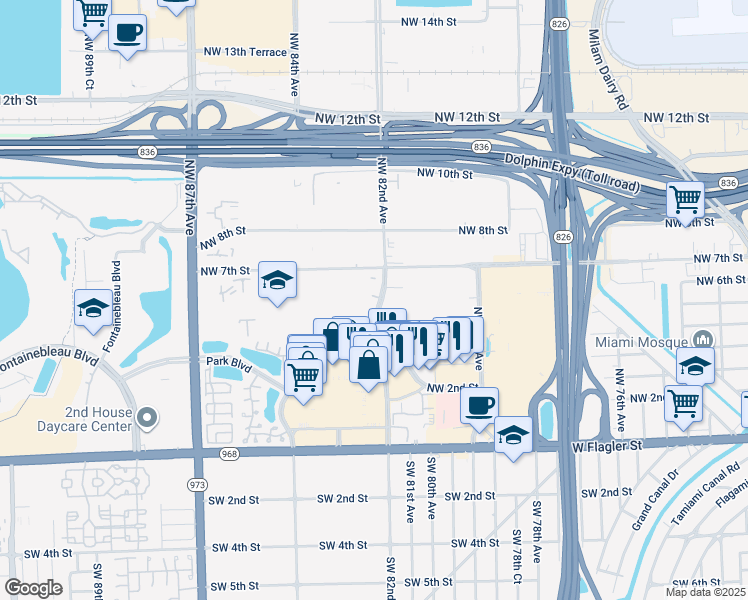 map of restaurants, bars, coffee shops, grocery stores, and more near 8251 Northwest 5th Lane in Miami