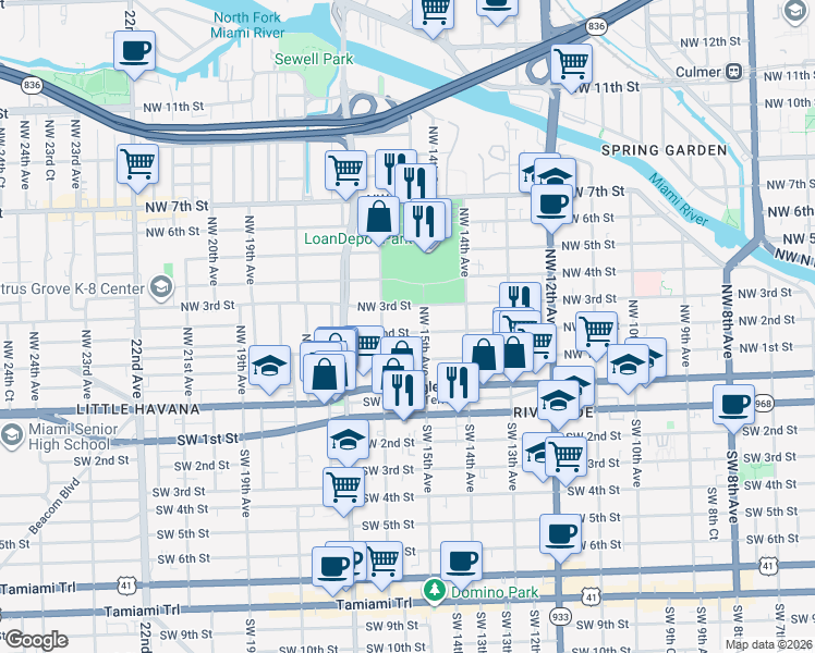 map of restaurants, bars, coffee shops, grocery stores, and more near 1510 Northwest 3rd Street in Miami