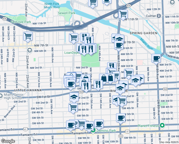 map of restaurants, bars, coffee shops, grocery stores, and more near 1510 Northwest 3rd Street in Miami