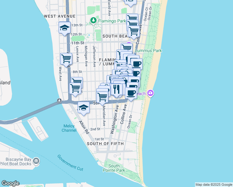 map of restaurants, bars, coffee shops, grocery stores, and more near in Miami Beach