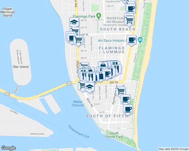 map of restaurants, bars, coffee shops, grocery stores, and more near 610 Jefferson Avenue in Miami Beach