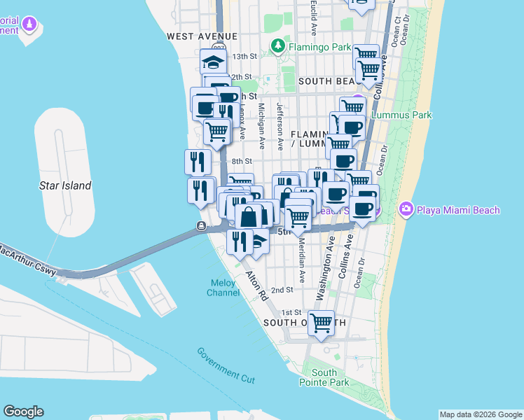 map of restaurants, bars, coffee shops, grocery stores, and more near 1035 6th Street in Miami Beach