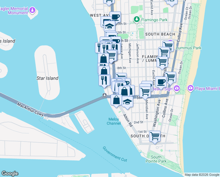 map of restaurants, bars, coffee shops, grocery stores, and more near 520 West Avenue in Miami Beach
