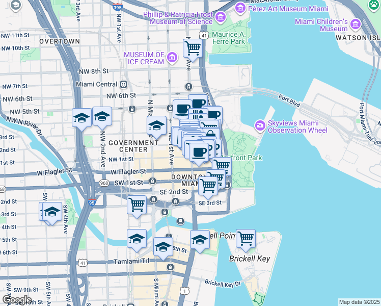 map of restaurants, bars, coffee shops, grocery stores, and more near 204 Northeast 2nd Street in Miami