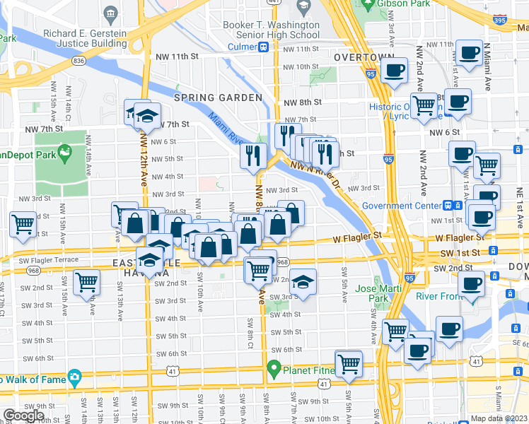 map of restaurants, bars, coffee shops, grocery stores, and more near 212 Northwest 8th Avenue in Miami