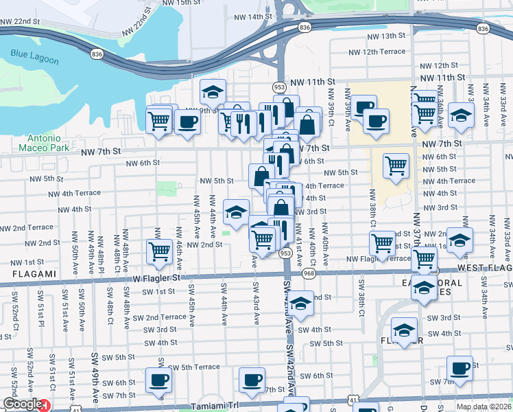 map of restaurants, bars, coffee shops, grocery stores, and more near 4230 Northwest 4th Street in Miami