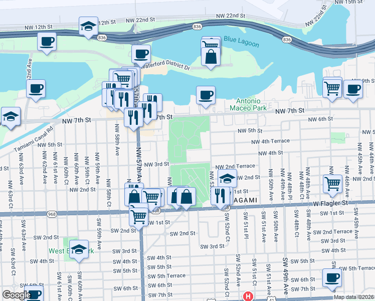 map of restaurants, bars, coffee shops, grocery stores, and more near 5591 Northwest 3rd Street in Miami