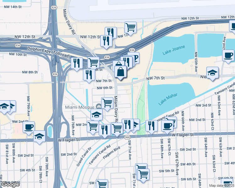 map of restaurants, bars, coffee shops, grocery stores, and more near 555 Northwest 72nd Avenue in Miami