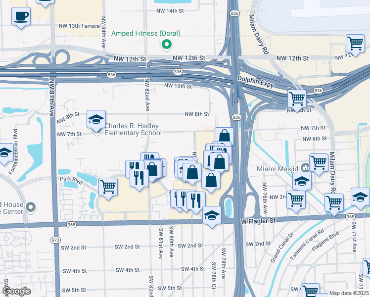 map of restaurants, bars, coffee shops, grocery stores, and more near 600 NW 79th Ave in Miami
