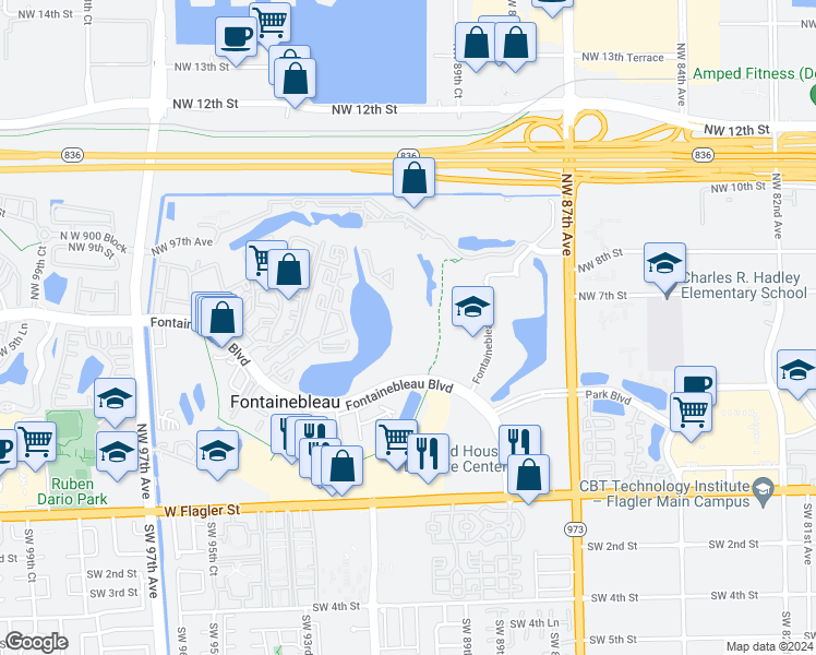map of restaurants, bars, coffee shops, grocery stores, and more near 9171 Fontainebleau Boulevard in Miami