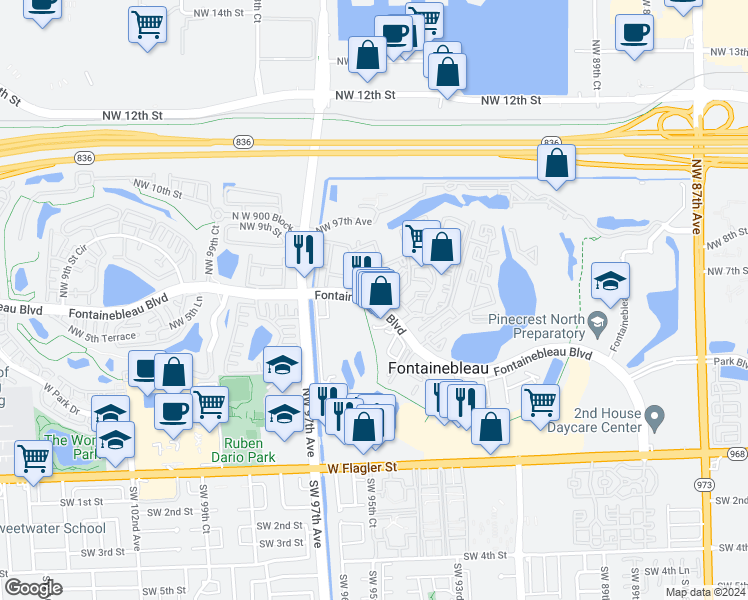map of restaurants, bars, coffee shops, grocery stores, and more near 9591 Fontainebleau Boulevard in Miami