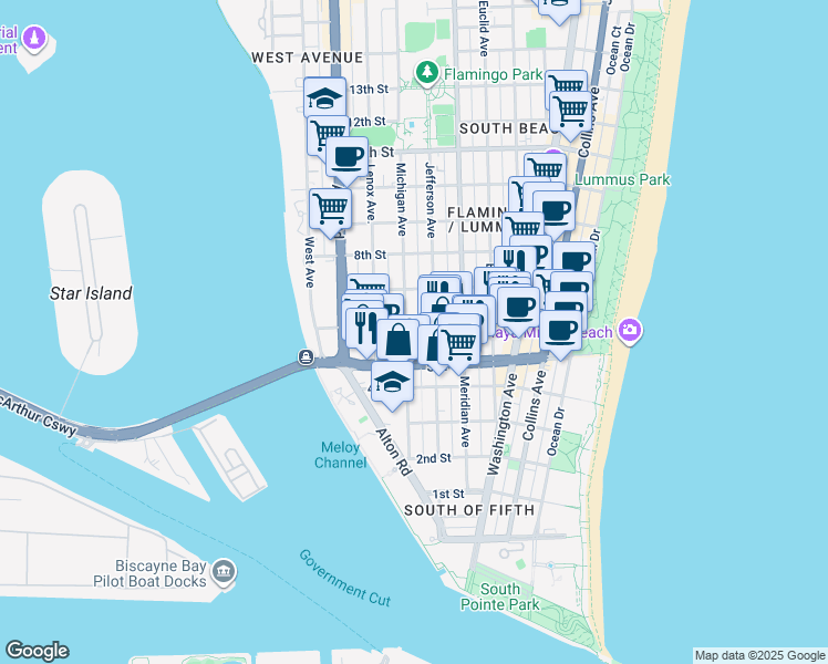map of restaurants, bars, coffee shops, grocery stores, and more near 610 Jefferson Avenue in Miami Beach