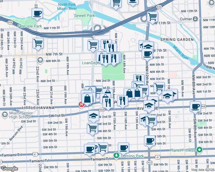 map of restaurants, bars, coffee shops, grocery stores, and more near 1510 Northwest 3rd Street in Miami