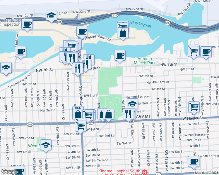 map of restaurants, bars, coffee shops, grocery stores, and more near 5591 Northwest 3rd Street in Miami