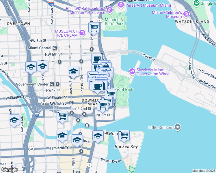 map of restaurants, bars, coffee shops, grocery stores, and more near 137 Northeast 3rd Avenue in Miami