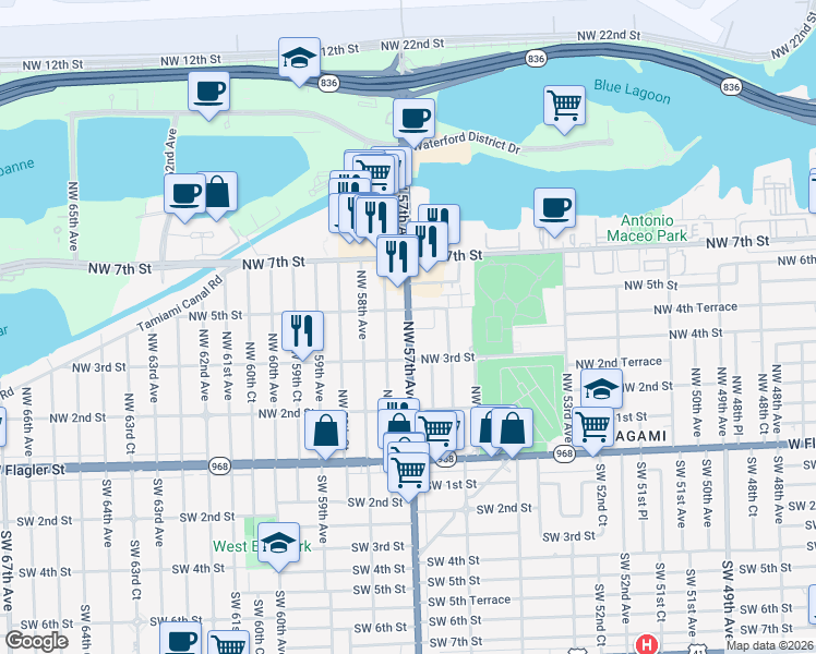 map of restaurants, bars, coffee shops, grocery stores, and more near 10O0 Northwest 57th Court in Miami