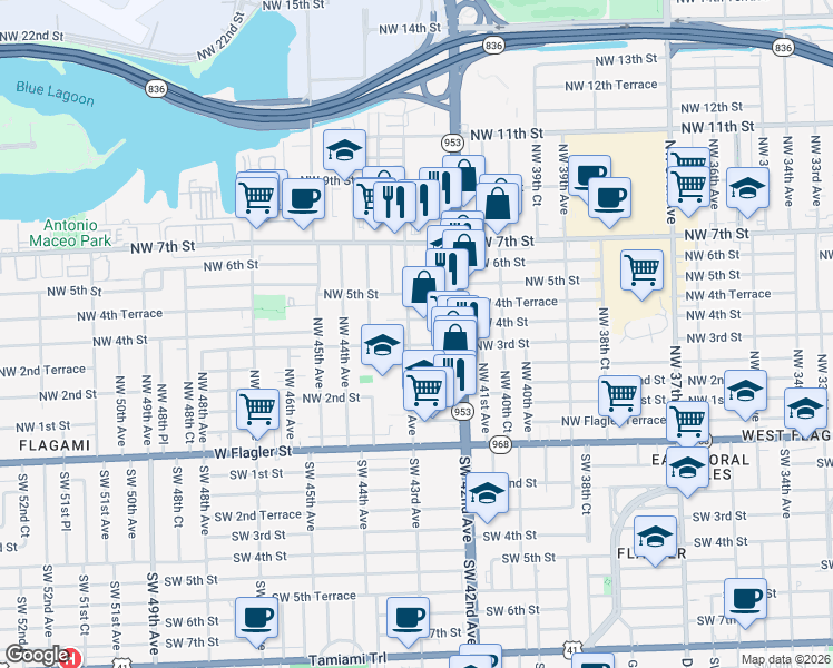 map of restaurants, bars, coffee shops, grocery stores, and more near 4230 Northwest 4th Street in Miami